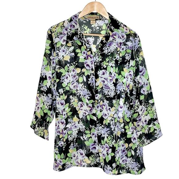Sheer Floral Roses Print Top Purple Womens 2X Flare Sleeve Cottagecore - Picture 1 of 7
